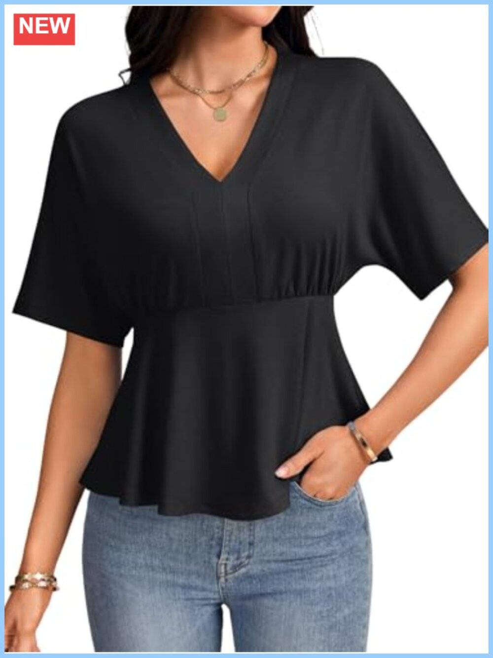 Women's Ruffle V-Neck Short Sleeve Tunic Blouse Ruched Waist
